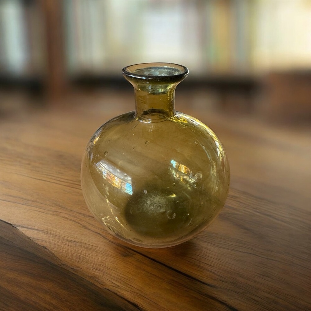 Hand Blown Olive Green Glass Vase— 5” Round Bubble Style